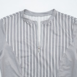 Women Casual Striped Zipper Long Sleeve Top & Shorts Sexy Two Piece Set