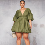 Plus Size Women Fall Winter Solid V-Neck Puff Sleeve Dress