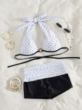 Women Polka Dot Halter Neck Metal Ring Bikini Two Pieces Swimsuit