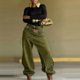 Women Layered Wear Washed Denim Wide Leg Trousers