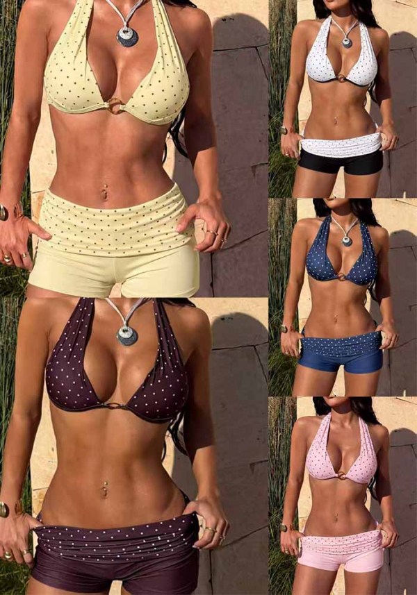 Women Polka Dot Halter Neck Metal Ring Bikini Two Pieces Swimsuit