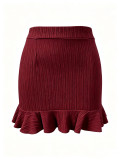Women Fall Winter Turndown Collar Button Long Sleeve Top & Ruffle Skirt Two Piece Set