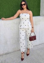 Women Sleeveless Strapless Polka Dot Top & Trousers Casual Two Piece Set Women Sleeveless Strapless Polka Dot Top & Trousers Casual Two Piece Set