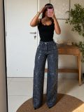 Women Sparkly Rhinestone Casual Denim Wide Leg Pants