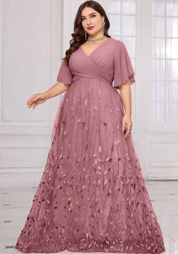 Plus Size Women Elegant V-Neck Short Sleeve Mesh Formal Party Dress（Processing time need 3-6 days）