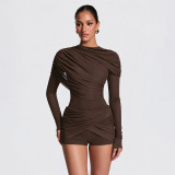 Women Solid Casual Round Neck Long Sleeve Ruched Zipper Romper
