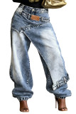 Women Layered Wear Washed Denim Wide Leg Trousers