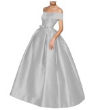Women Off Shoulder Puffy Maxi Lace-Up Bow Evening Dress（Processing time need 3-6 days）