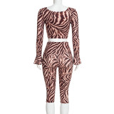 Women Printed Striped Sexy Hollow Out Lace-Up Long Sleeve Top & Pant Two Piece Set