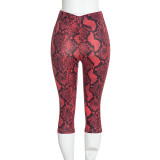 Women Fall Sexy Hollow Out Snake Print Long Sleeve Top & Capri Pants Two Piece Set
