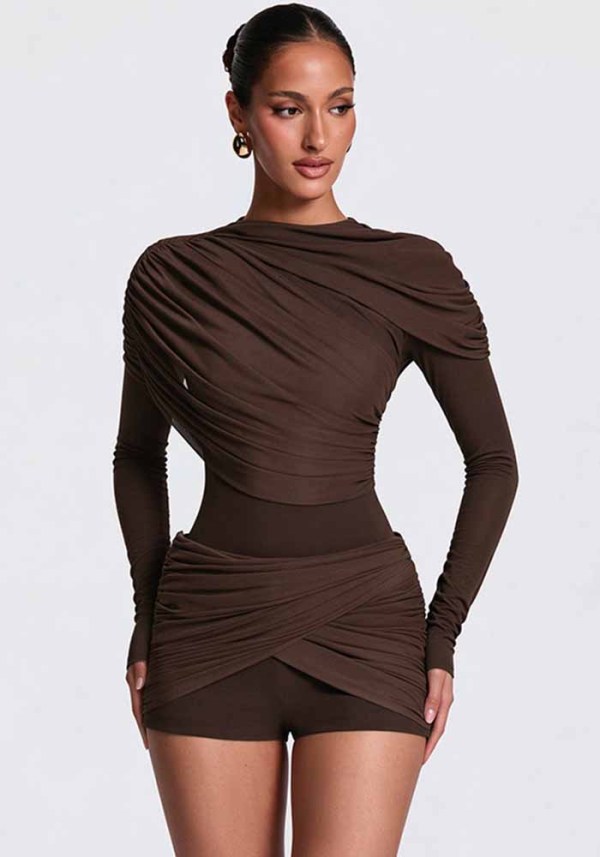 Women Solid Casual Round Neck Long Sleeve Ruched Zipper Romper