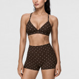 Women Polka Dot Halter Neck Bra & Capri Pants Yoga Wear Two Piece Set