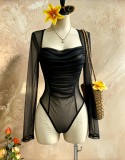 Women See-Through Mesh Long Sleeve Square Neck Ruched Corset Sexy Bodysuit