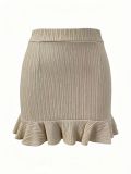 Women Fall Winter Turndown Collar Button Long Sleeve Top & Ruffle Skirt Two Piece Set