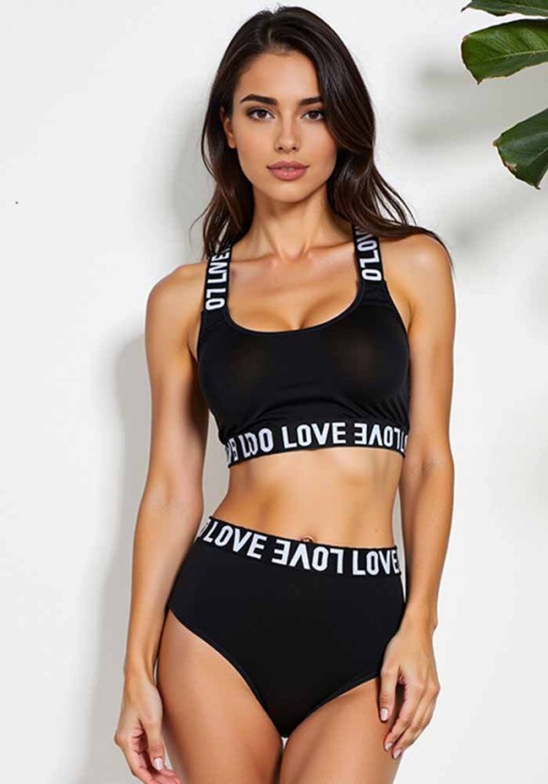 Women Letter Strap Leopard Butterfly Print Solid Bra Lingerie Two Piece Set