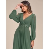 Women V-Neck Long Sleeve Floor Length Pleated Chiffon Dress（Processing time need 3-6 days）