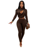 Women Fall Long Sleeve Ruched Hollow Out Top & Pants Two Piece Set