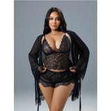 Women Lace See-Through Mesh Spaghetti Strap Lingerie Four Piece Set