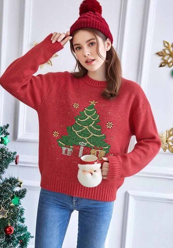 Women Red Round Neck Fall Winter Christmas Tree Sequin Embroidery Knit Sweater