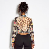 Women Sexy See-Through Mesh Long Sleeve High Neck Hollow Out Top