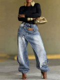 Women Layered Wear Washed Denim Wide Leg Trousers