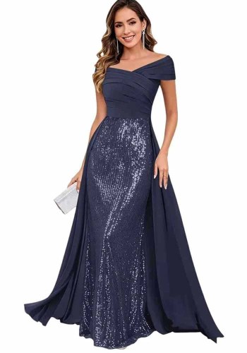 Women Off Shoulder Sequin Mermaid Pleated Formal Party Evening Dress（Processing time need 3-6 days）