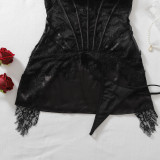 Women Eyelash Lace Patchwork Corset Lingerie Two Piece Set