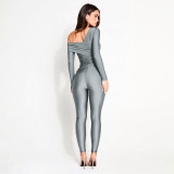 Women Fall Solid Slash Shoulder Long Sleeve Top & Trousers Two Piece Set
