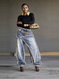Women Layered Wear Beaded Washed Denim Wide Leg Pants
