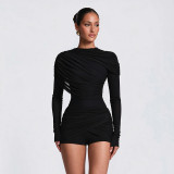 Women Solid Casual Round Neck Long Sleeve Ruched Zipper Romper