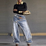 Women Layered Wear Beaded Washed Denim Wide Leg Pants