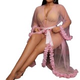 Plus Size Women Sexy Mesh Floral Lace See-Through Tie Robe