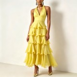 Women V-Neck Halter Neck Sleeveless Patchwork Cake Elegant Casual Maxi Dress