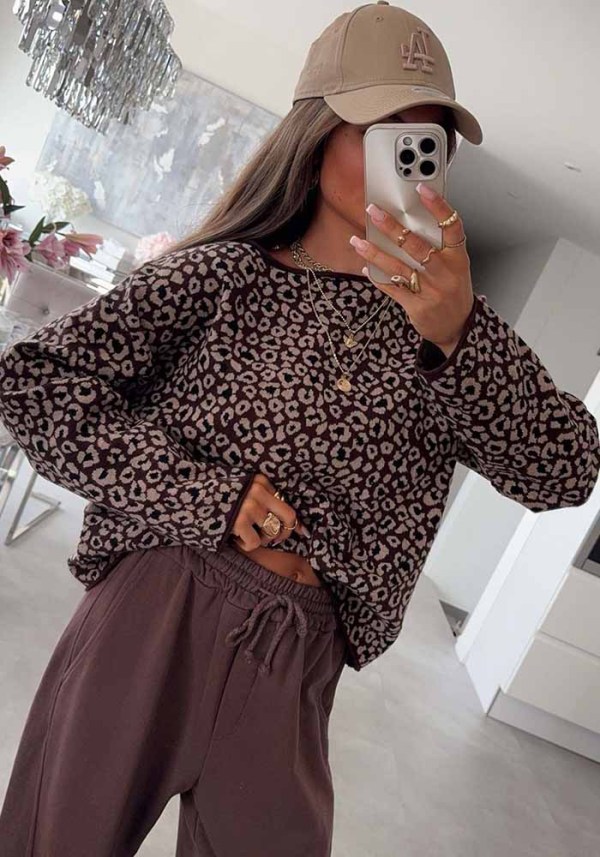 Women Leopard Jacquard Knit Round Neck Casual Sweater