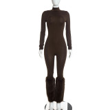 Women Fall Solid High Neck Long Sleeve Patchwork Furry Jumpsuit