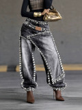 Women Layered Wear Beaded Washed Denim Wide Leg Pants