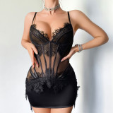 Women Eyelash Lace Patchwork Corset Lingerie Two Piece Set