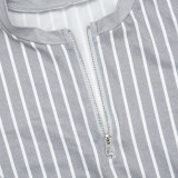 Women Casual Striped Zipper Long Sleeve Top & Shorts Sexy Two Piece Set