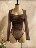 Women See-Through Mesh Long Sleeve Square Neck Ruched Corset Sexy Bodysuit