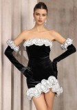 Women Black Velvet Strapless Ruffle Patchwork Formal Party Dress