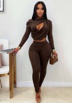 Women Fall Long Sleeve Ruched Hollow Out Top & Pants Two Piece Set Women Fall Long Sleeve Ruched Hollow Out Top & Pants Two Piece Set