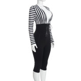 Women V-Neck Striped Long Sleeve Lace-Up Jumpsuit