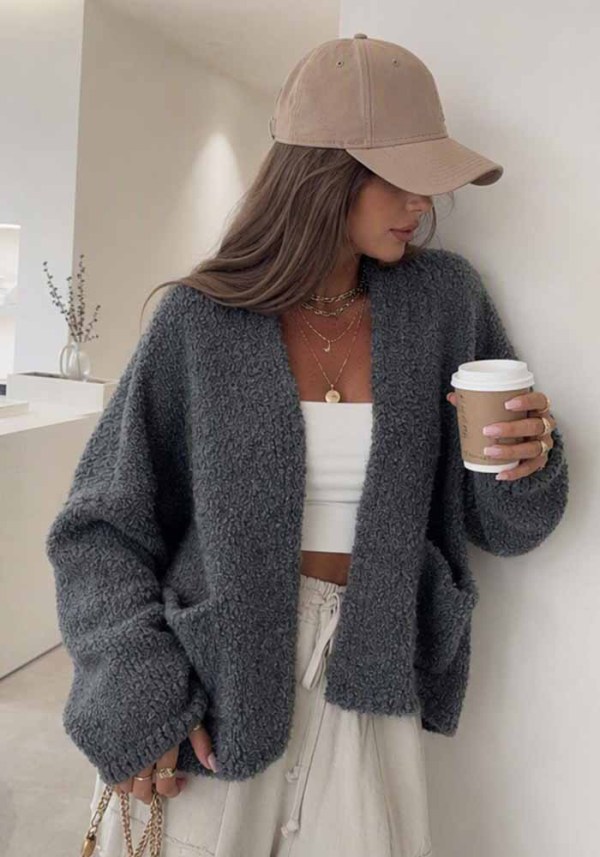 Women Fall Winter Knit V-Neck Lantern Sleeve Pocket Casual Sweater