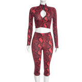 Women Fall Sexy Hollow Out Snake Print Long Sleeve Top & Capri Pants Two Piece Set