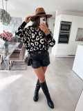 Women Leopard Knit Slash Shoulder Jacquard Top Fall Winter Sweater