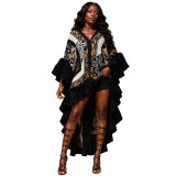 Custom Women Printed Tunic V-Neck Pleated Train Ruffle Dress (Made after Order ,need 7-10 DAYS)