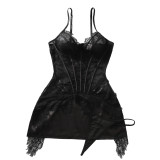 Women Eyelash Lace Patchwork Corset Lingerie Two Piece Set