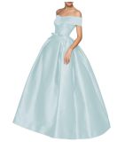 Women Off Shoulder Puffy Maxi Lace-Up Bow Evening Dress（Processing time need 3-6 days）