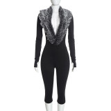 Women Fall Winter Solid Furry Collar V-Neck Long Sleeve Capri Pants Sexy Jumpsuit