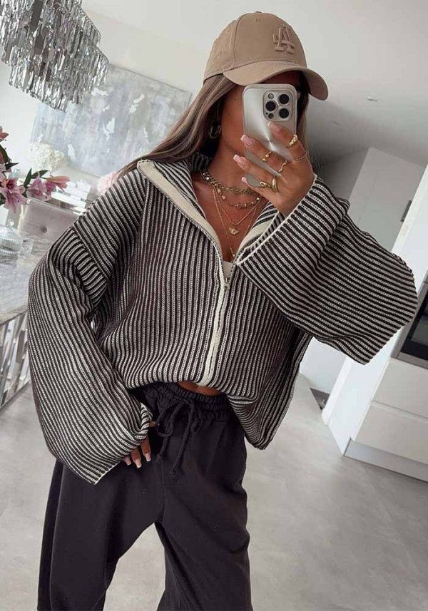 Women Vertical Striped Zipper Knit Stand Collar Fall Winter Casual Sweater